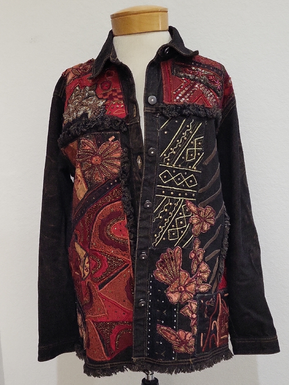 Chico's Black Jacket with Red & Rust Embroidered Patchwork
